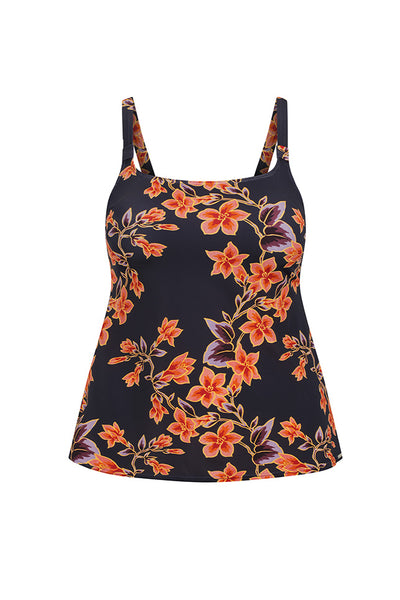 Ghost mannequin of navy and orange floral tank tankini top for curve women with navy base