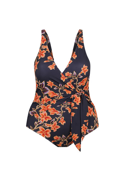 Ghost mannequin of navy and orange floral tie one piece