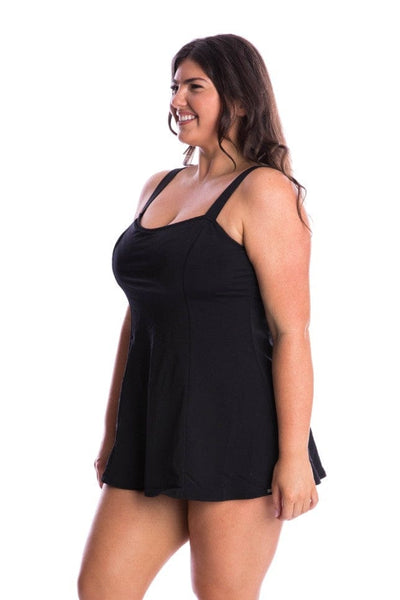 Model showing side of womens swim dress