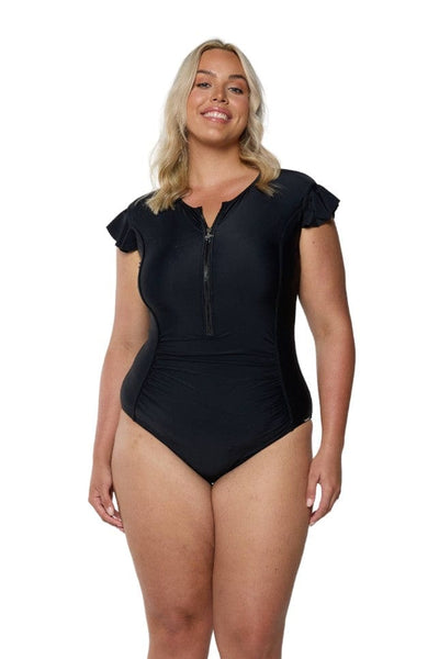 Model wearing black frill sleeve one piece