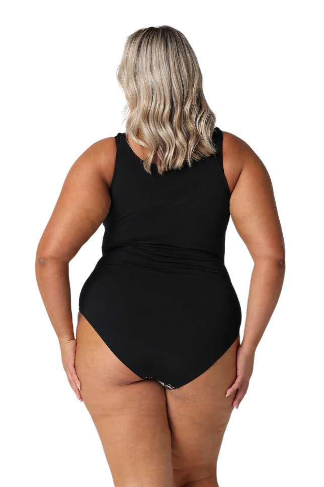 Model showing back of black floral womens one piece swimsuit