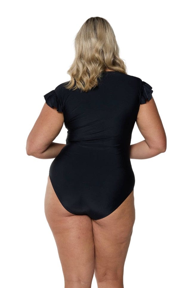 Model showing back of black frill sleeve swimsuit