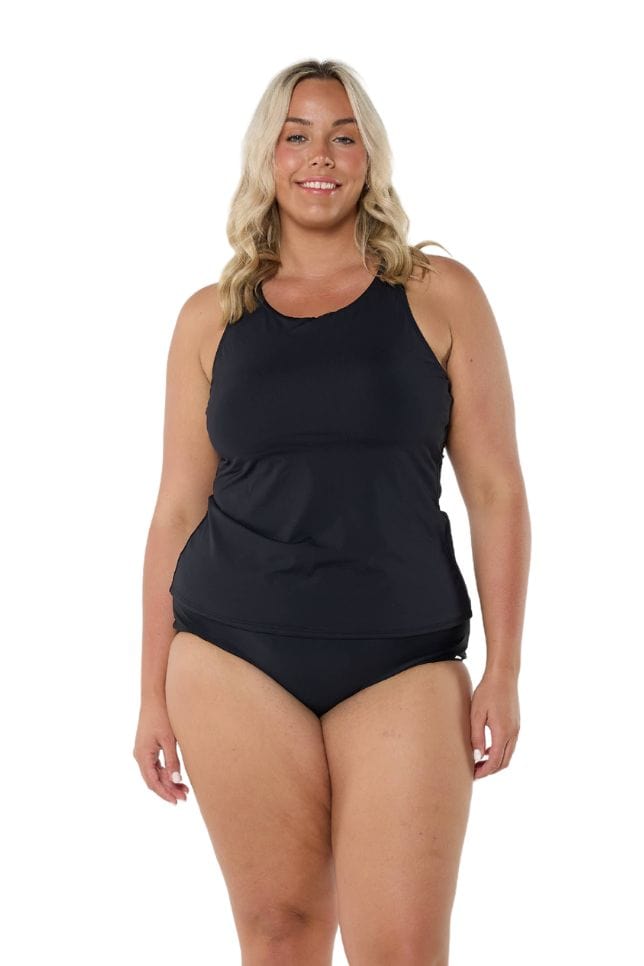 Model wearing black high neck tankini top with matching bottom