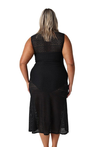 Model showing back of black mesh cover up dress