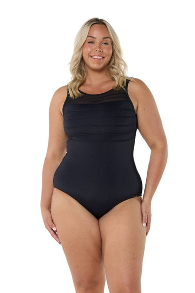 Model wearing high neck mesh swimsuit