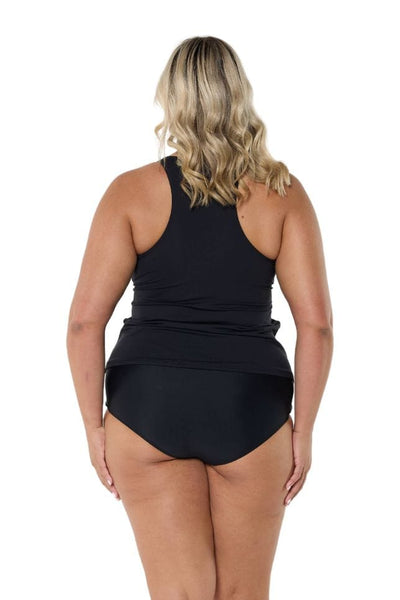 Model showing racer back of black tankini top