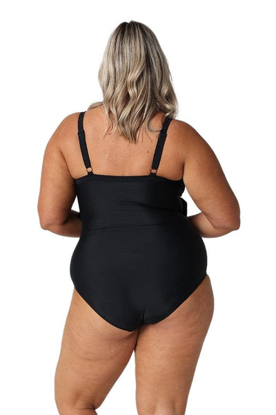 Blonde model showing back of black 3 tier one piece