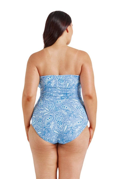 Model showing back of light blue one piece