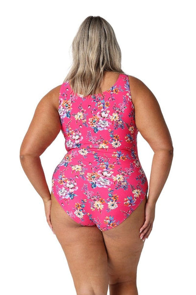 Model showing back of hot pink floral high back one piece swimsuit