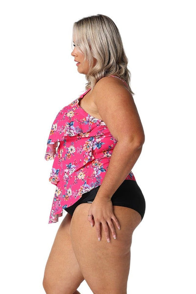 Model showing side of hot pink floral 3 tier tankini top