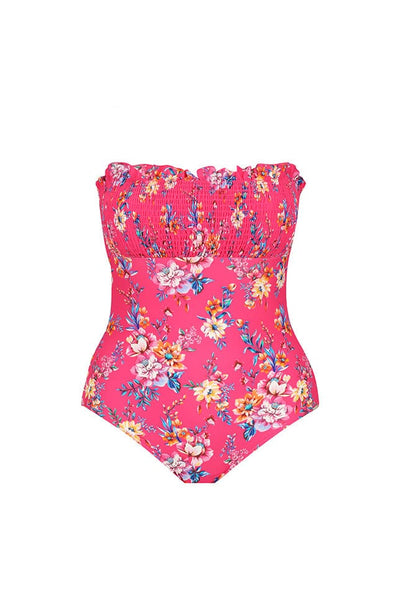 Ghost mannequin hot pink floral shirred bandeau one piece