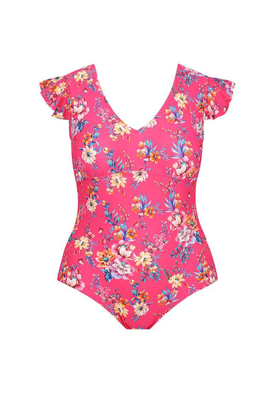 Ghost mannequin hot pink floral v neck frill sleeve swimsuit