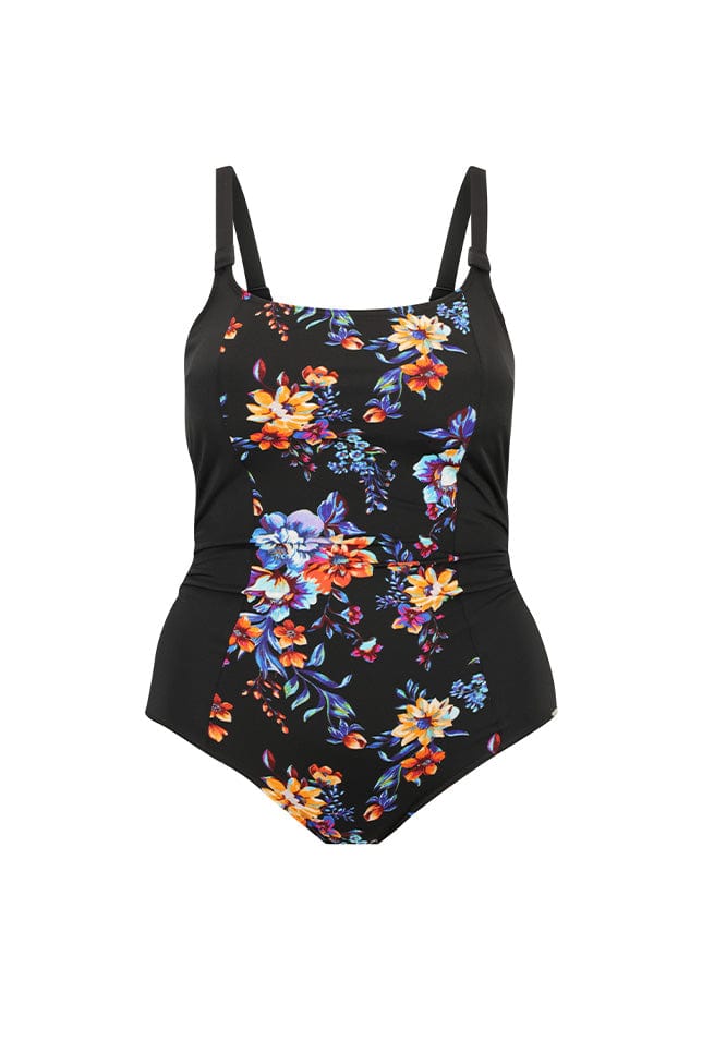 Ghost mannequin of blue and orange floral one piece in chlorine resistant