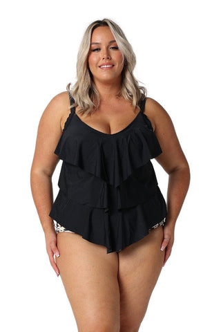 Chlorine Resistant Black 3 Tier Tankini Top