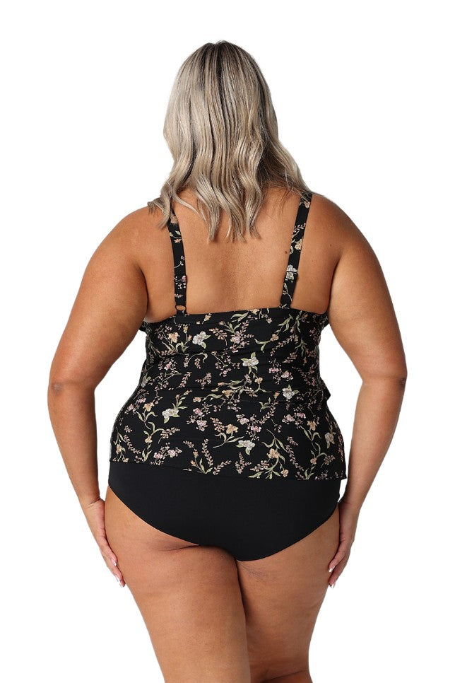 Model showing back of black floral 3 tier tankini top