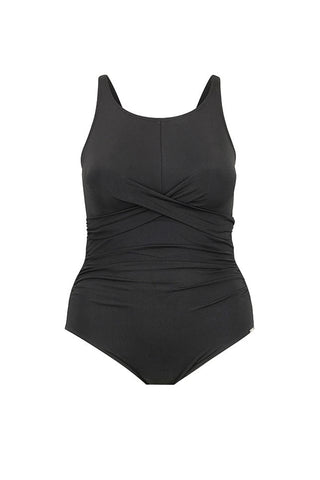 Chlorine Resistant Black High Neck Twist Front One Piece