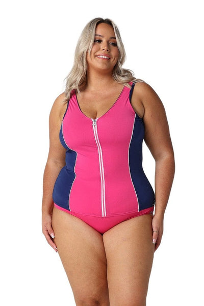 Curvy model wearing pink tummy control high waist pant in chlorine resistant