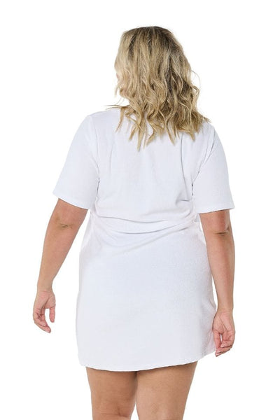 Back of model wearing a zip through dress in white terry towelling with short sleeves for plus size women