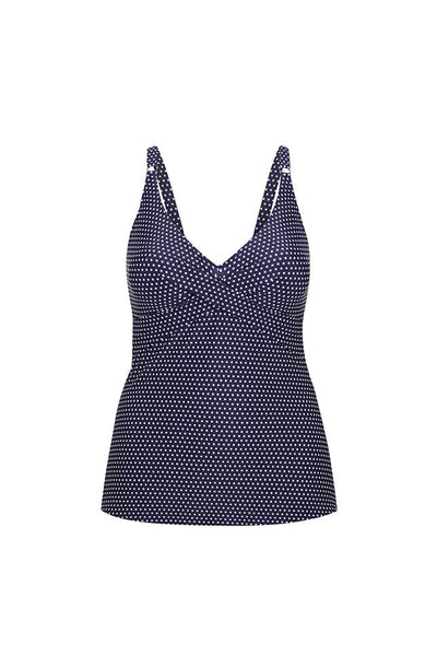 Ghost mannequin of navy and white dots tankini top with v neckline