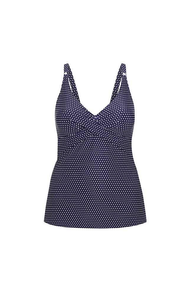 Ghost mannequin of navy and white dots tankini top with v neckline