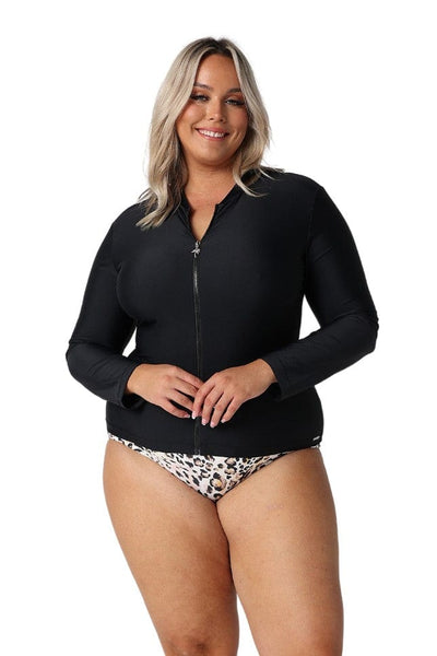 Blonde model wearing black long sleeve rash vest with leopard print pant