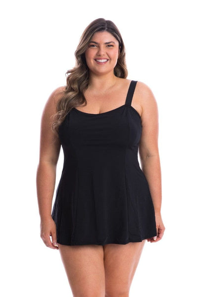 Model showing front of black chlorine resistant swim dress