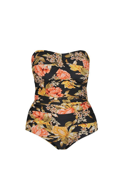 Ghost mannequin orange and yellow floral and black printed twist front bandeau one piece 