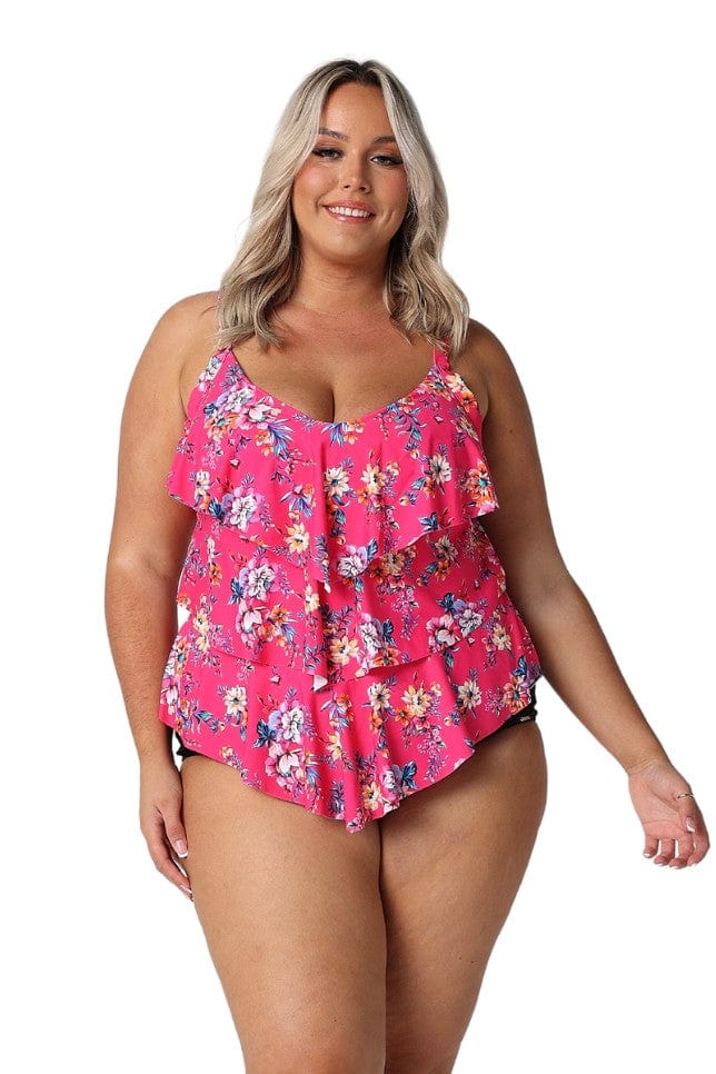 Model wearing hot pink floral 3 tier tankini top