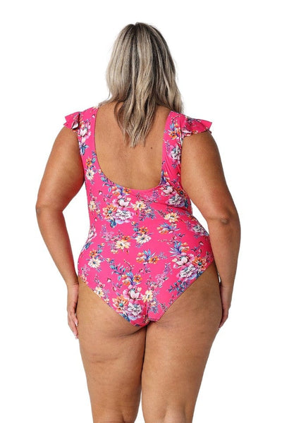 Model showing back of pink floral low back one piece with frill sleeves