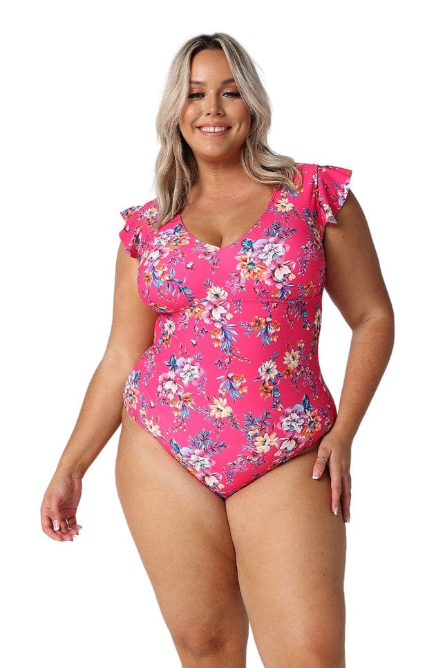 Model wearing hot pink floral v neck one piece