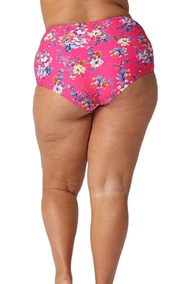 Model showing back of hot pink floral high waisted full coverage bikini pant