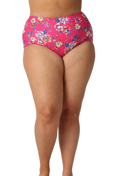 Model wearing hot pink floral high waisted bikini bottoms