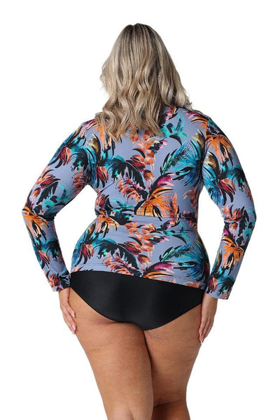 Back of model wearing sun safe wet shirt for curve women