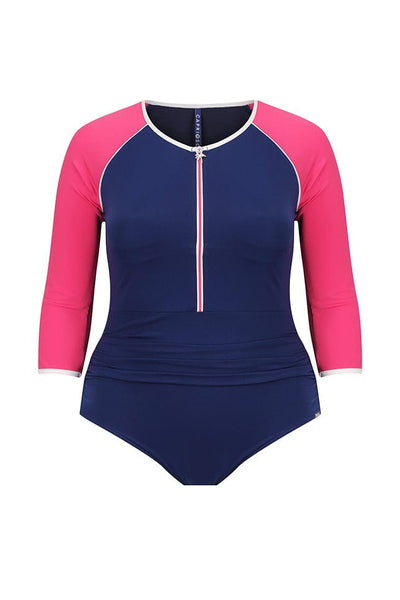Ghost mannequin of 3/4 navy and pink one piece with zip front detail