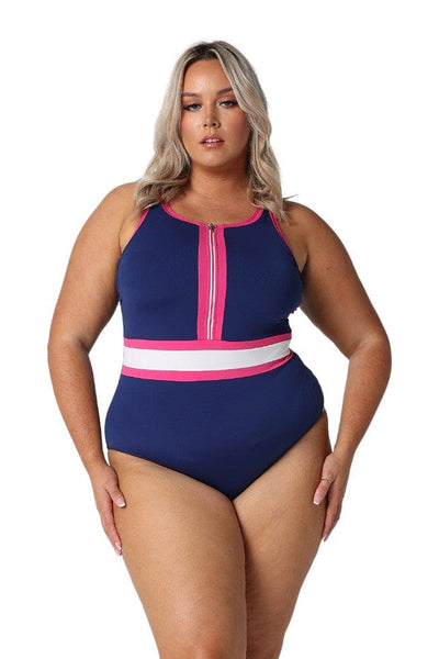 Blonde model showing front of navy zip front chlorine resistant swimsuit