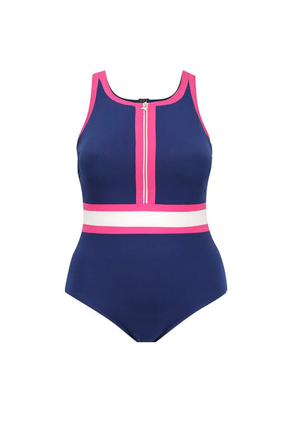 Ghost mannequin of zip front one piece in navy with pink and white