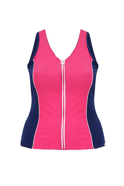 Ghost mannequin of bright pink and navy with white zip front detail in chlorine resistant