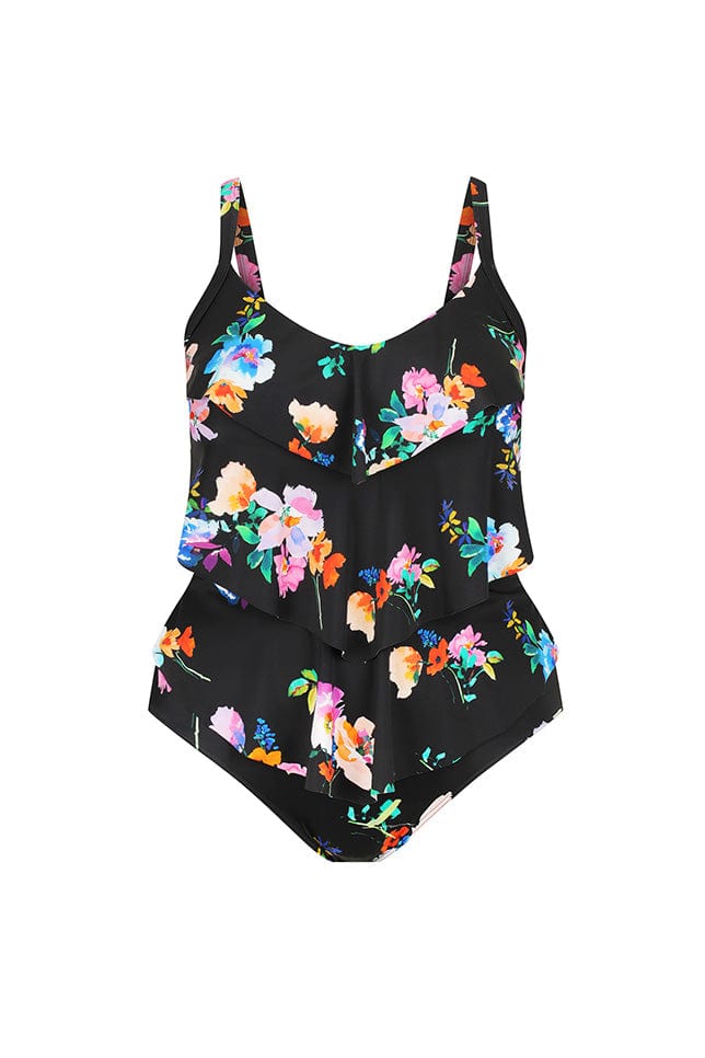 Ghost mannequin black and bright floral 3 tier one piece