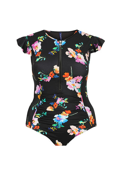 Ghost mannequin black and bright floral frill sleeve one piece