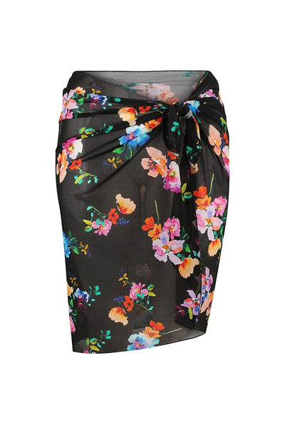 Ghost mannequin black and bright floral mesh wrap skirt