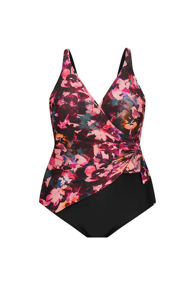 Ghost mannequin of crossover wrap one piece in pink floral with black for curve women