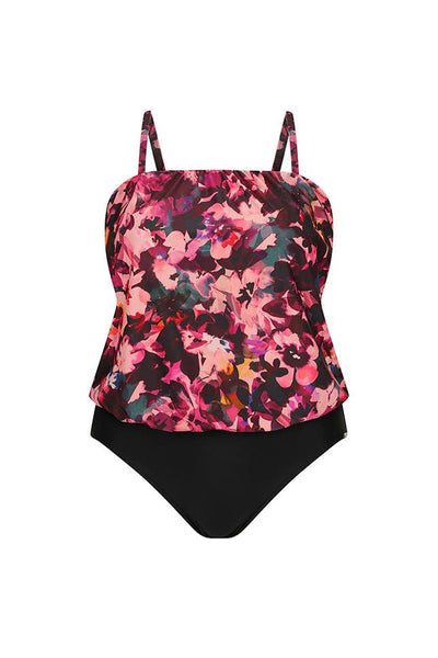 Ghost mannequin of flouncy one piece swimsuit in floral pink