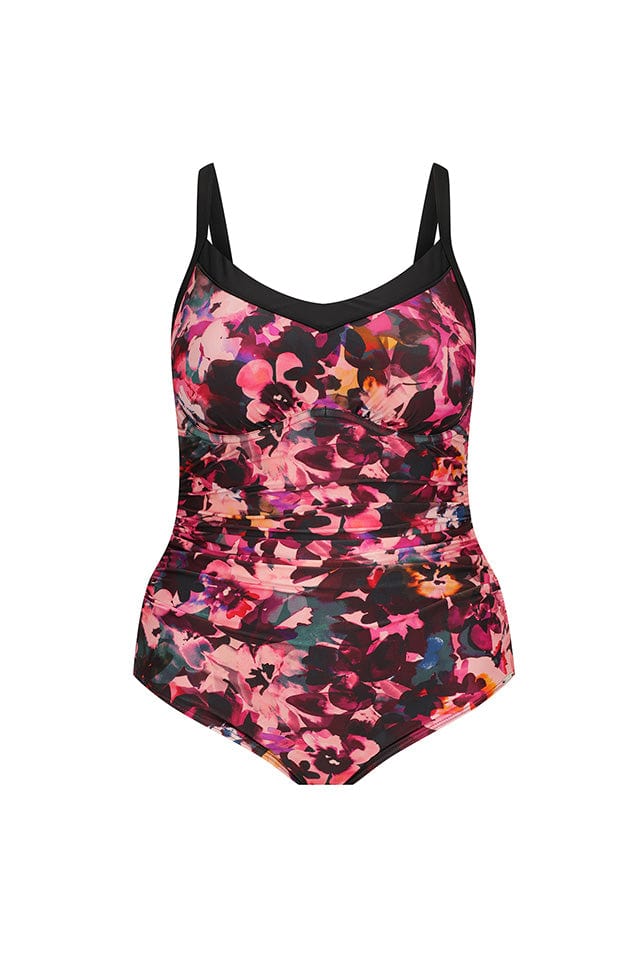 Ghost mannequin of pink floral underwire one piece with black trim neckline