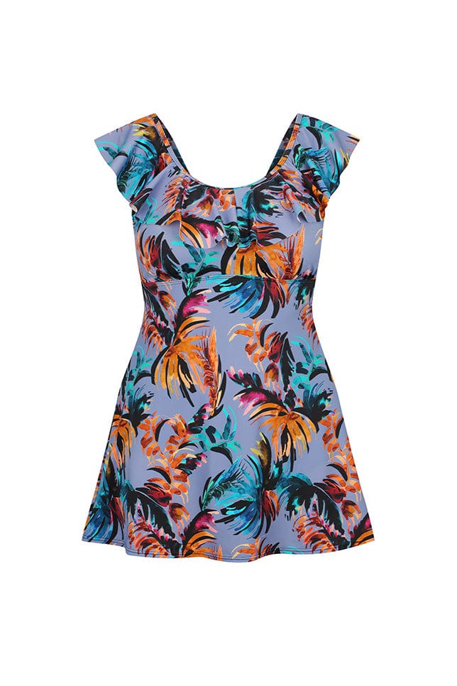 Ghost mannequin of grey blue based floral swim dress with ruffle front scoop neckline detail