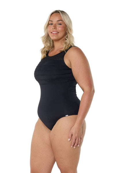 Model showing side of mesh black high neck one piece