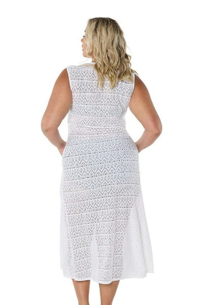 Back of model wearing white mesh maxi beach coverup