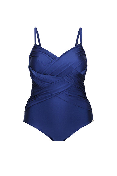 Ghost mannequin metallic navy criss cross swimsuit