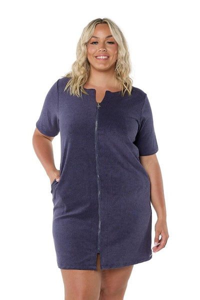 Blonde plus size woman wearing zip-through coverup dress in Navy terry towelling Australia