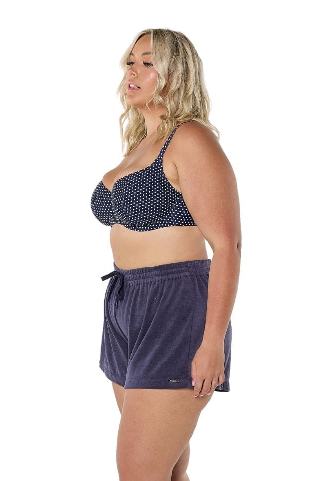 Plus size model wearing flattering high waisted short with draw string in terry towelling