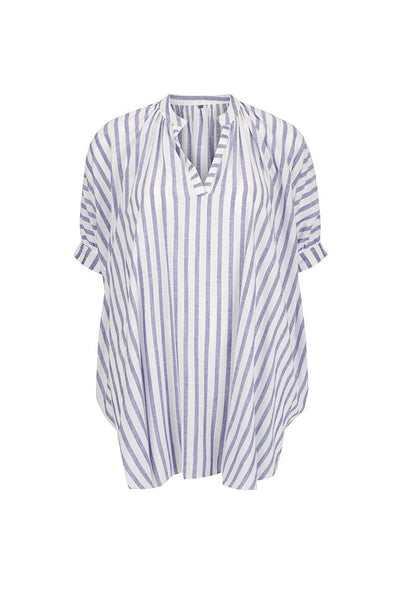 Ghost mannequin of blue and white striped coverup with v neckline